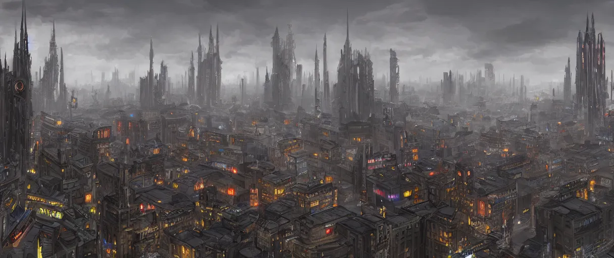 Image similar to digital concept art of dystopian, gothic berlin, high quality, high detail, in the style of Ralph McQuarrie, megacity surrounded by huge impenetrable tall walls, large hero buildings in the middle towering above the others, tram stations, metro, vivid colours, matte painting, photoshop