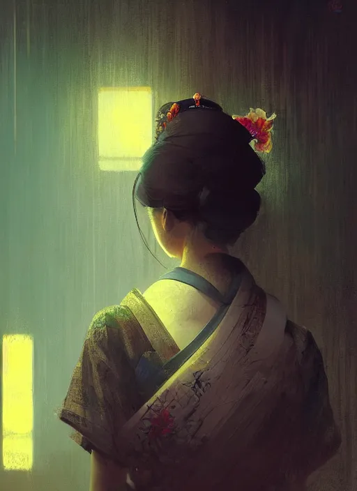 Image similar to female geisha girl, beautiful face, neon, rule of thirds, intricate outfit, spotlight, by greg rutkowski, by jeremy mann, digital painting