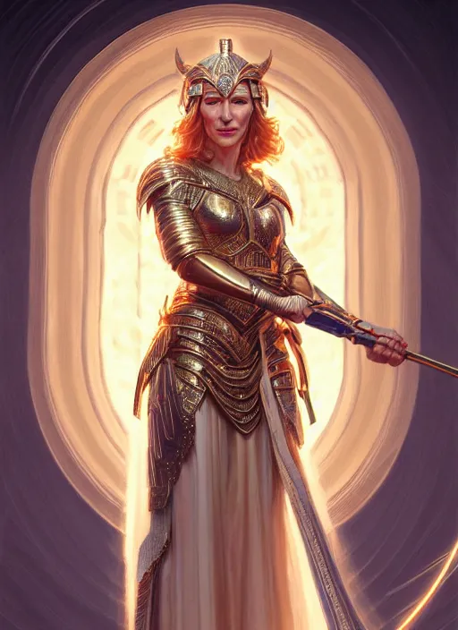 Image similar to cate blanchett as goddess athena, intricate, elegant, glowing lights, highly detailed, digital painting, artstation, glamor pose, concept art, smooth, sharp focus, illustration, art by artgerm and greg rutkowski, artey freytag