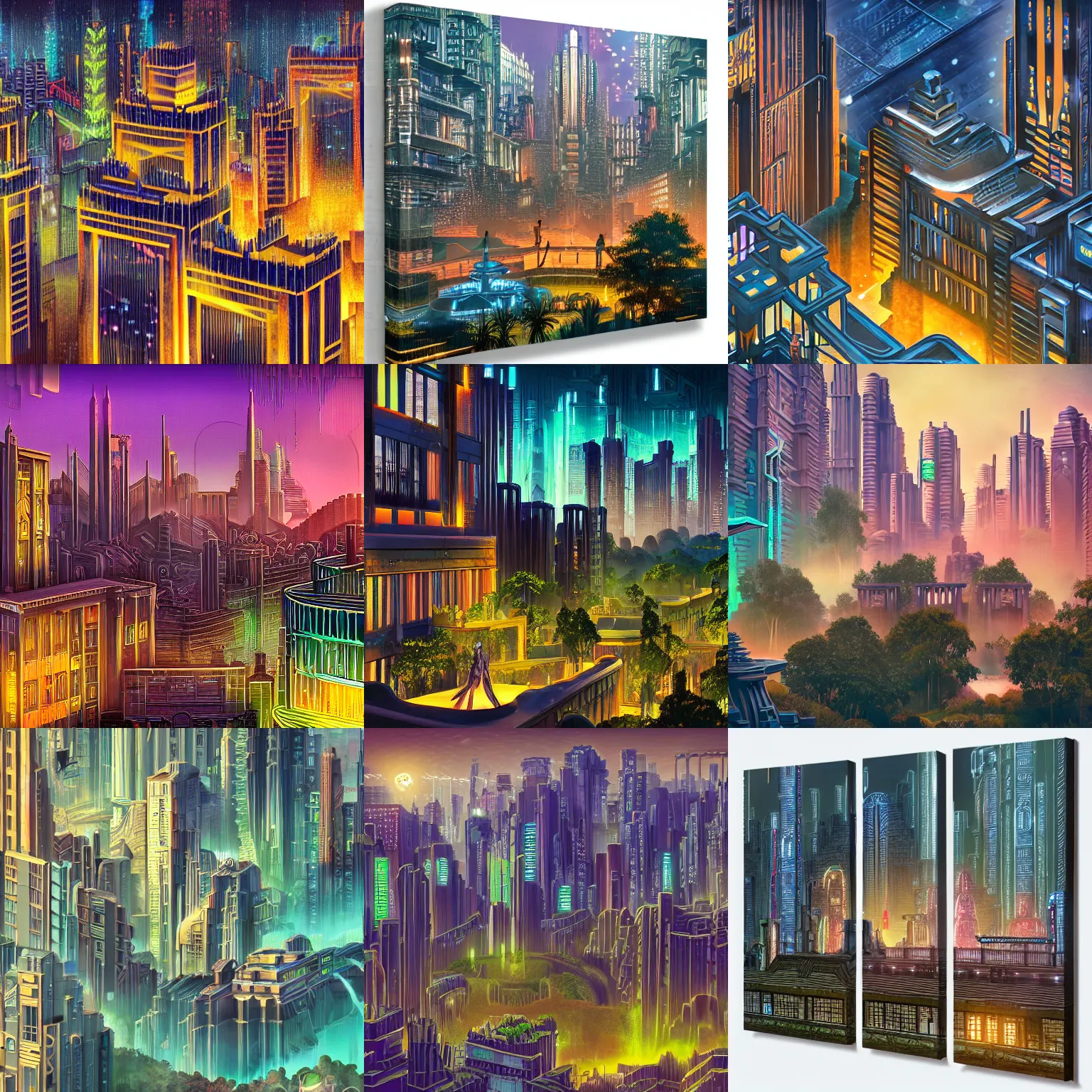 Prompt: detailed photo of a beautiful Art Deco cyberpunk terraced skyline with waterfalls and gardens at dusk