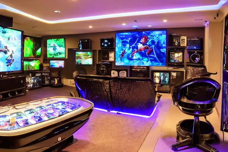 a photo of a large, luxury gaming room with all the