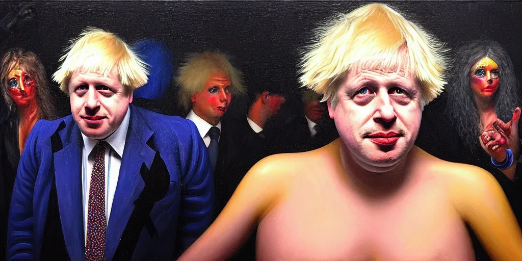 Prompt: boris johnson in drag in a nightclub, abstract oil painting by gottfried helnwein pablo amaringo raqib shaw zeiss lens sharp focus high contrast chiaroscuro gold complex intricate bejeweled