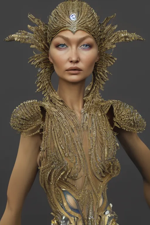 Image similar to a highly detailed medium shot 8 k render portrait of an alien goddess gigi hadid in iris van herpen dress schiaparelli in diamonds and jewelry in style of alphonse mucha trending on artstation made in unreal engine 4