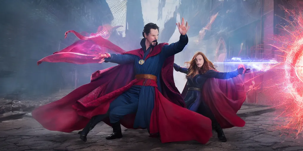 Image similar to Action sequence still of Doctor Strange and Scarlet Witch on the battlefield, fighting, Trending on artstation, photorealistic image, photorealistic imagery, 4k, 8k, movie still, action still