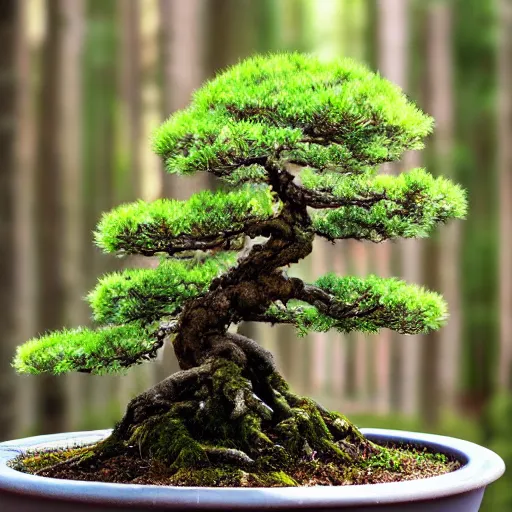 Image similar to a realistic bonsai dense forest on a pot, photography, focus