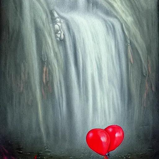 Prompt: grunge painting of a waterfall with a wide smile and a red balloon by chris leib, loony toons style, pennywise style, corpse bride style, creepy lighting, horror theme, detailed, elegant, intricate, conceptual, volumetric light