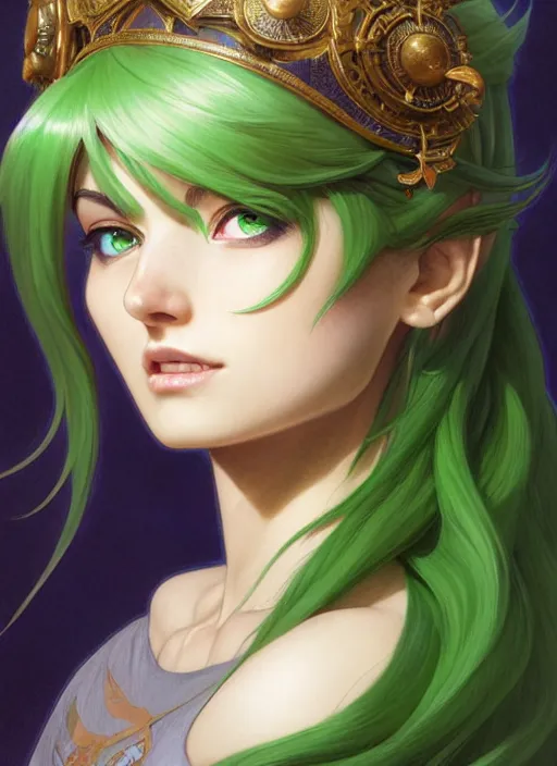 Image similar to portrait, from left, head and body, palutena, piercing green eyes, green hair, concept art, unreal engine, by rossdraws, frank franzzeta, intricate, masterpiece, elegant, hyper detailed, unreal engine rendered, concept art, smooth, sharp focus, illustration, art by artgerm and greg rutkowski and alphonse mucha and garis edelweiss