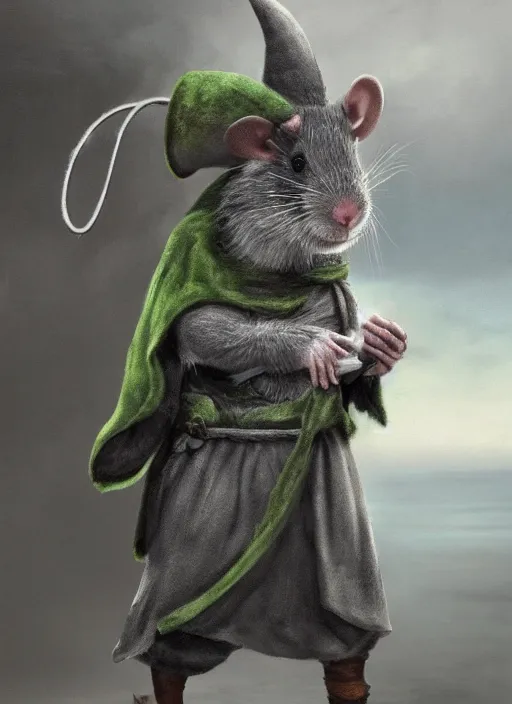 Prompt: gray rat standing on two legs, gray beard, serious, mean eyes, wearing jewelry, tricorne hat, green robe, D&D, digital art, realistic, trending on artstation, 4k, sea in the background