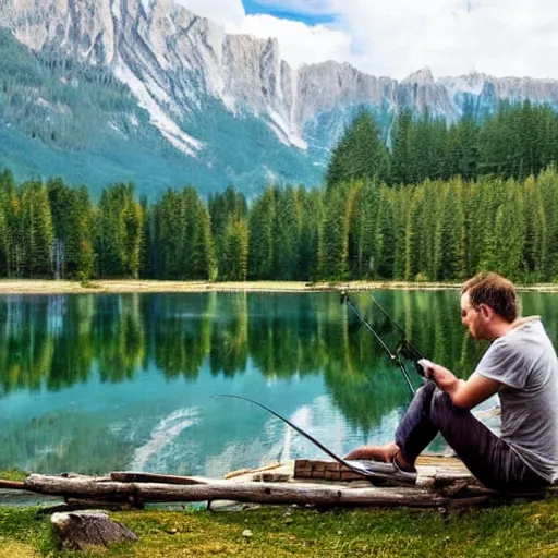 Image similar to A stunning landscape with mountains, lake and a tiny wooden house at the edge of the forest. A man is sitting at the lake holding a fishing rod