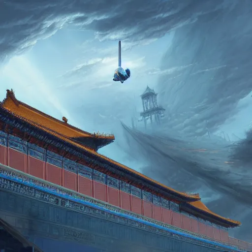 Prompt: Greg Rutkowski in the distant Futurist Forbidden City, Chinook flying over the sky, neon and blue moments, Futurist architectural concepts, inspired by Stephen Martinier, fantasy, digital art, professional illustration, realism, hyper-detail, atmospheric, cinematic lighting, cinematic concept art, hyper-detail, crazy detail, corona rendering, octane rendering, color redshift rendering, 8k