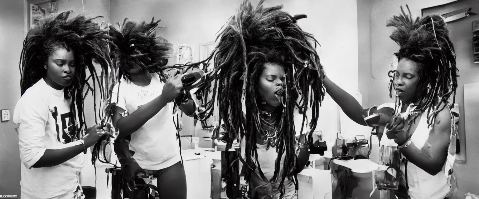 Image similar to beautiful black woman blow drying dreadlocks in 1 9 8 0's setting h