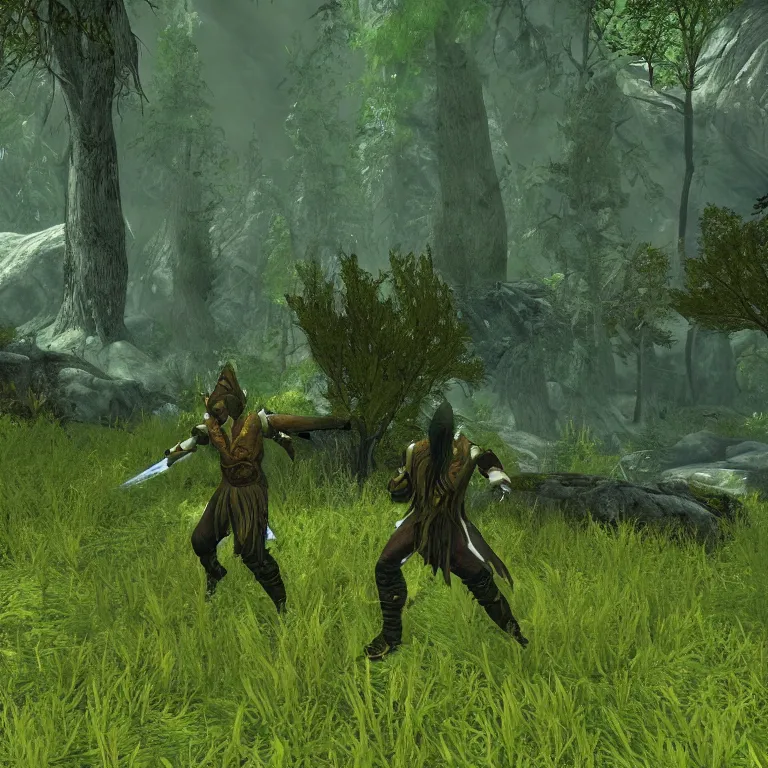 Prompt: a funky wizard dancing in a green glade, skyrim pc screenshot