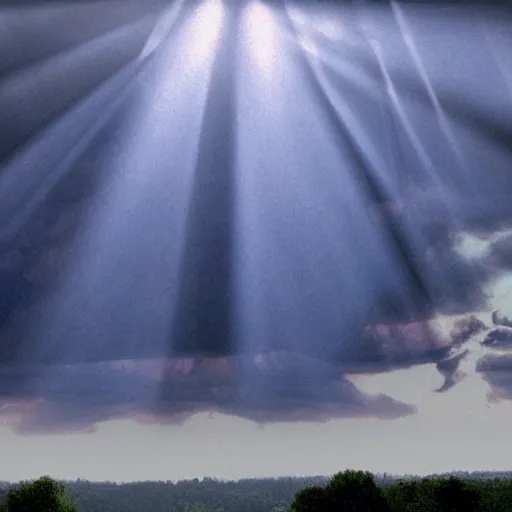 Image similar to heavens opening, weird al descending from heaven, god rays