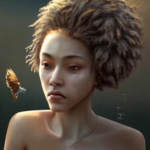 Image similar to beautiful mulatto caught by a predatory plant venus flycatcher, gorgeous, close-up portrait, intricate, elegant, volumetric lighting, scenery, digital painting, highly detailed, artstation, sharp focus, illustration, concept art, ruan jia, steve mccurry