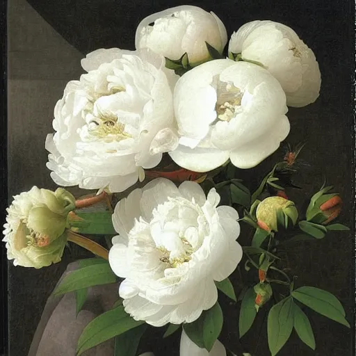 Image similar to atmospheric beautiful bouquet of white delicate peony in the sunny room of his beloved wife, wrote renaissance michelangelo