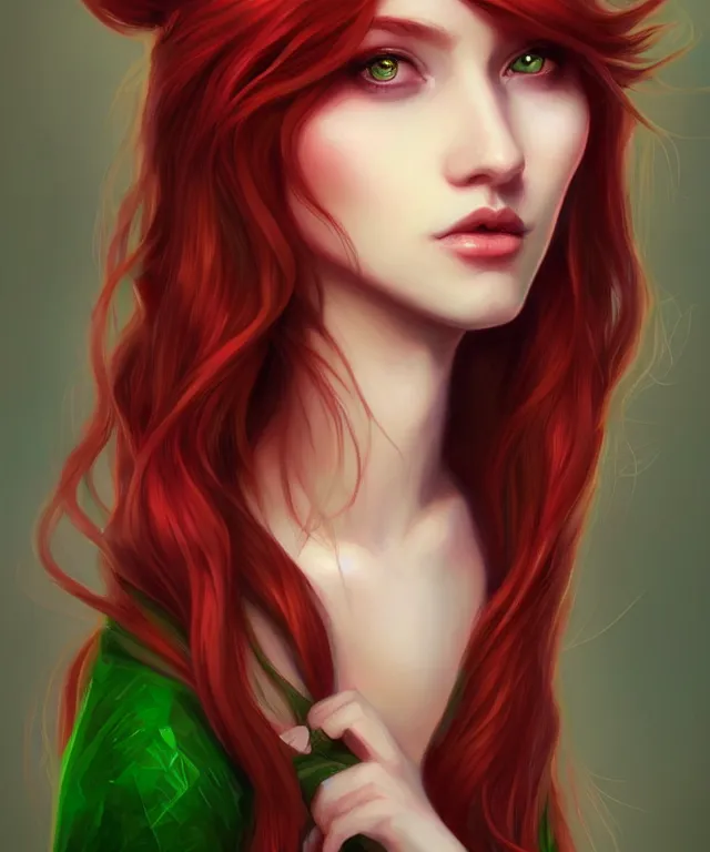 Image similar to Fae teenage girl, portrait, face, long red hair, green highlights, fantasy, intricate, elegant, highly detailed, digital painting, artstation, concept art, smooth, sharp focus, illustration, art by artgerm