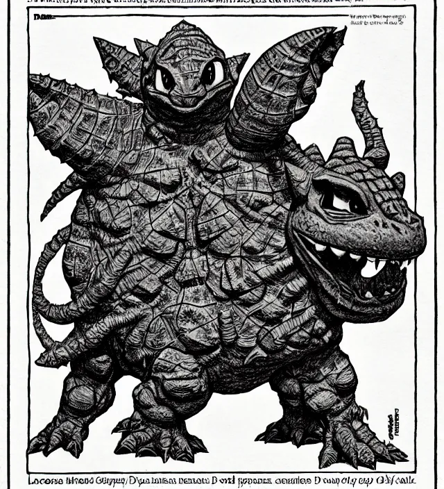 Prompt: ivysaur as a d & d monster, full body, pen - and - ink illustration, etching, by russ nicholson, david a trampier, larry elmore, 1 9 8 1, hq scan, intricate details, stylized border