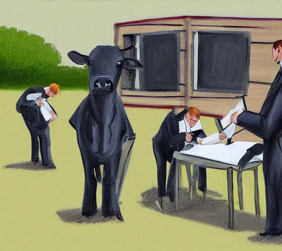 Prompt: cows applying for a mortgage signing documents in suits, digital painting,