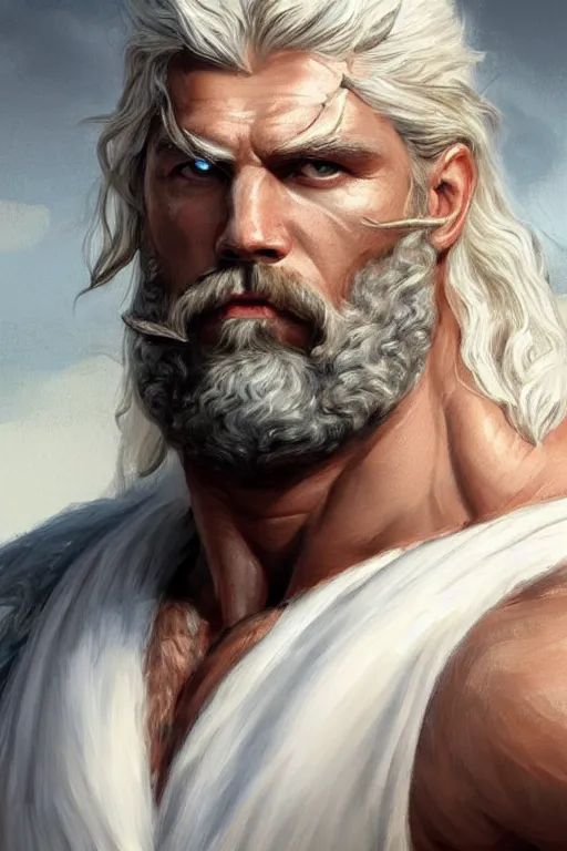 Prompt: painted portrait of rugged zeus, god of thunder, greek god, white hair, masculine, powerful, handsome, upper body, white robe, muscular, hairy torso, fantasy, intricate, elegant, highly detailed, digital painting, artstation, concept art, smooth, sharp focus, illustration, art by gaston bussiere and magali villeneuve