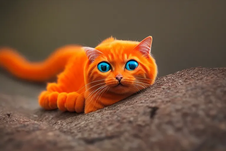 Prompt: orange cat caterpillar, big eyes, big ears, long body, kodak photo, muted colors, depth of field