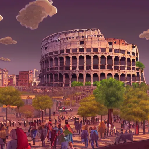 Prompt: bustling d & d city with a distant colosseum, first person street view, artstation