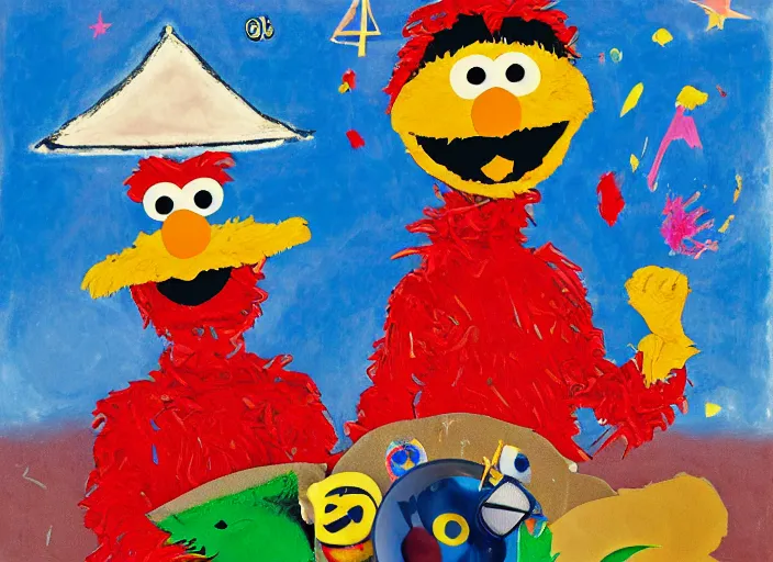 Image similar to expressionistic decollage painting trash can toter as tarot card fool with sesame street elmo and kermit muppet on a horse knight in a dark red cloudy night sky background and golden foil jewish stars , mountain lake and blossoming field in background, painted by Mark Rothko, Helen Frankenthaler, Danny Fox and Hilma af Klint, microsoft paint art, semiabstract, color field painting, byzantine art, jpeg compression artifact, pop art look, naive, buff painting, fractal art. Barnett Newman painting, part by Philip Guston and Frank Stella art by Adrian Ghenie, 8k, extreme detail, intricate detail, masterpiece