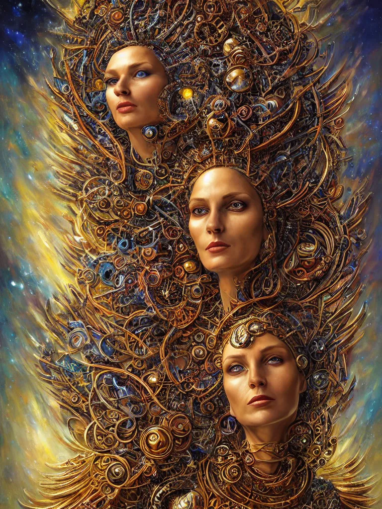 Image similar to fullbody portrait. very complex hyper-maximalist overdetailed cinematic cosmic scifi portrait of an elegant very attractive sun goddess mother of the universe by andrei riabovitchev, tomasz alen kopera, oleksandra shchaslyva and peter morbacher. Extremely ornated and decorative. Fancy luxury beautiful. Omnious intricate. Secessionist portrait illustration. Goddess of the sky. Focus on face. Artstation. Deviantart. 8k 4k 64megapixel. Rendered by binx.ly.