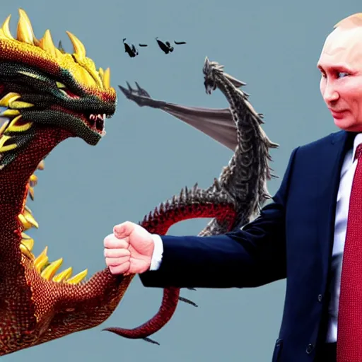 Prompt: Putin fighting with dragon