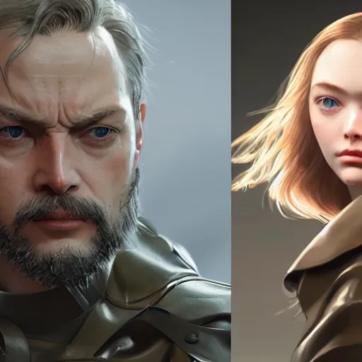 Prompt: leyendecker and peter paul rubens, head and shoulders portrait of a elle fanning in metal gear solid and death stranding, unreal engine, fantasy art by global illumination, radiant light, detailed and intricate environment
