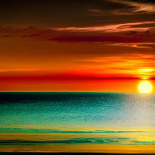 Image similar to captured image of a sun-dog, deeply saturated sky, ocean, tranquil, nostalgic