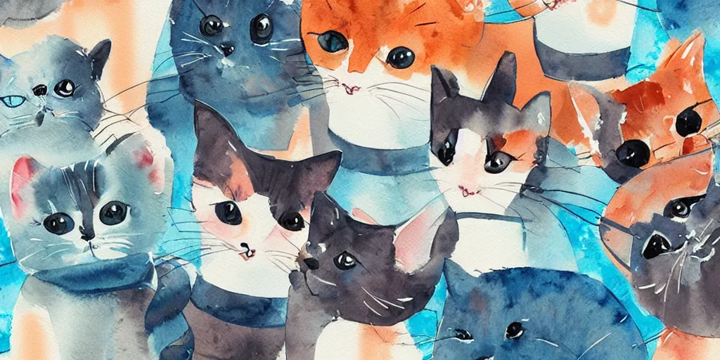 Image similar to watercolor illustration style, cute cats training in the fitness studio