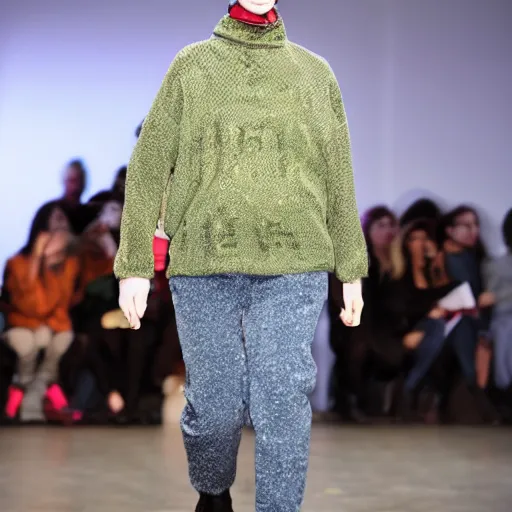 Image similar to slug, slug wearing clothes, vivian westwood, slug with teeth, runway model