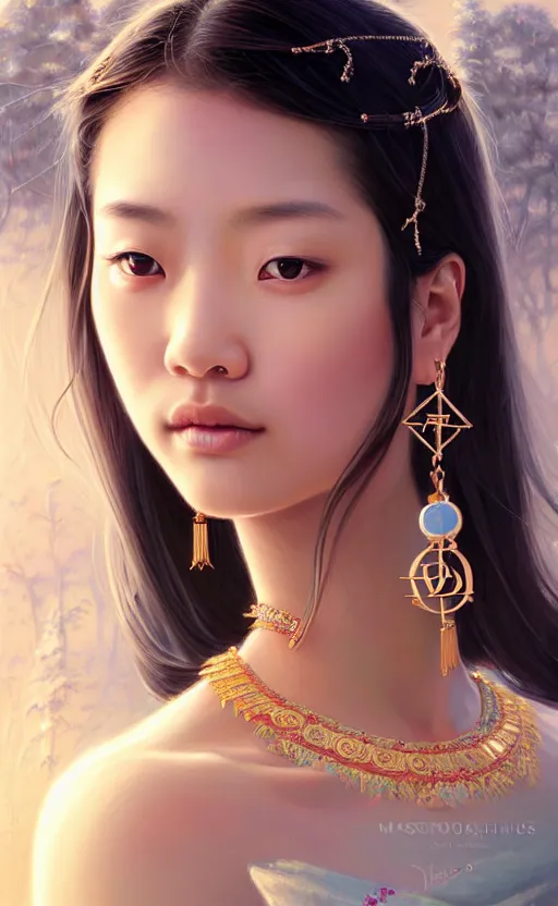 Image similar to a beautiful young charming asian goddess with sundress + jewelry + shinny eyes | | winter, symmetric, realistic shaded, unpleasant face, good looking, fine details, dior, lv, realistic shaded lighting poster by greg rutkowski, macoto takahashi, magali villeneuve, artgerm, jeremy lipkin and michael garmash