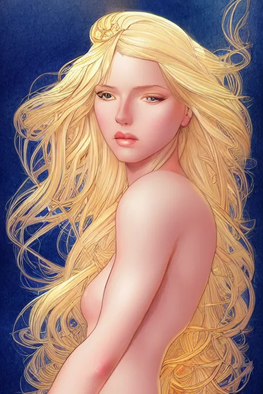 Prompt: a beautiful blond goddess girl, fantasy, portrait, sharp focus, intricate, elegant, digital painting, artstation, matte, highly detailed, concept art, illustration, ambient lighting, art by milo manara