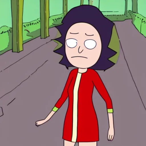 Image similar to of girl wearing red sweater with short black skirt and high heal shoes in the rick and morty style