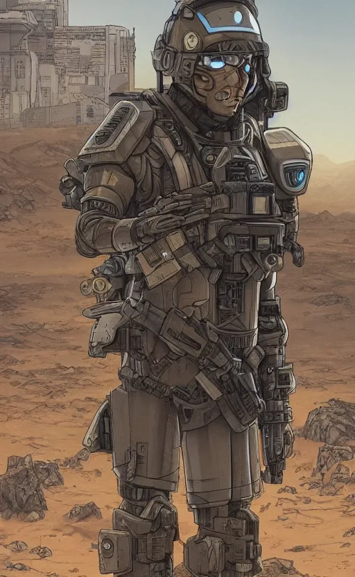 Prompt: a cyberpunk soldier with tactical gear and a rifle patrols a Japanese city on mars, Industrial Scifi, detailed illustration, character portrait, by Martin Grip and Moebius