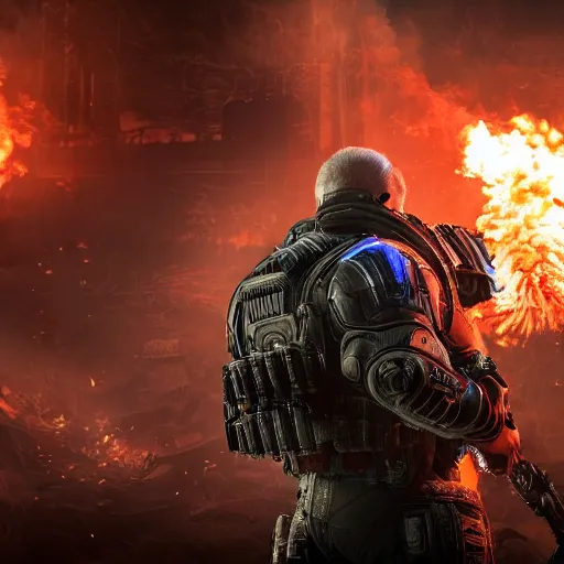 Image similar to joe biden with flamethrower in gears of war, splash art, movie still, cinematic lighting, ray tracing, octane render, long lens, shallow depth of field, bokeh, anamorphic lens flare, 8 k, hyper detailed, 3 5 mm film grain