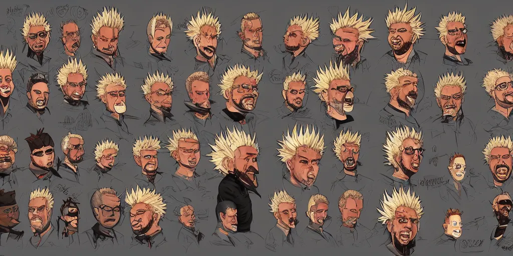 Image similar to guy fieri, character sheet, concept design, contrast, kim jung gi, greg rutkowski, zabrocki, karlkka, jayison devadas, trending on artstation, 8 k, ultra wide angle, pincushion lens effect