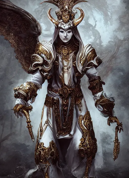 Image similar to high intricate male priest with white baroque armor and black garment, demon lord, ancient forest, maria panfilova, andrea savchenko, mike kime, ludovic plouffe, qi sheng luo, oliver cook, trending on artstation