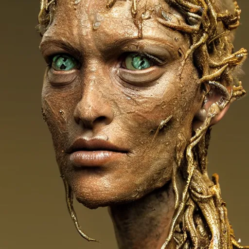 Prompt: photo taken of an epic intricate, ultra detailed, super realistic gritty, wet, lifelike sculpture of an eldritch druid queen by weta workshop, zoomed in shots, sublime subsurface scattering, photorealistic, sharp focus, white wall coloured workshop, desaturated, cold colour temperture, f 2, face centred, golden ratio, golden hour