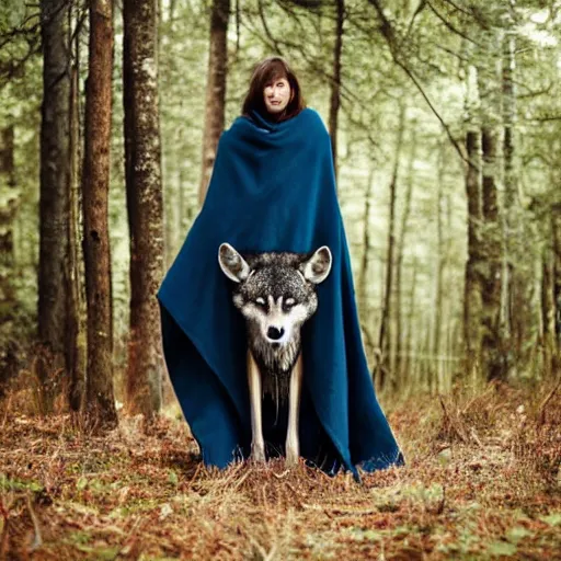 Prompt: professional photograph of tall creature with wolf skull wearing a full body dark blue blanket in the middle of the forest