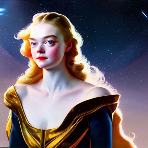 Image similar to leyendecker and peter paul rubens, head and shoulders portrait of a elle fanning in space, unreal engine, fantasy art by global illumination, radiant light, detailed and intricate environment