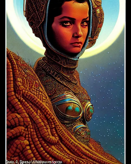 Prompt: arab princess, character portrait, portrait, close up, concept art, intricate details, highly detailed, vintage sci - fi poster, in the style of chris foss, rodger dean, moebius, michael whelan, and gustave dore