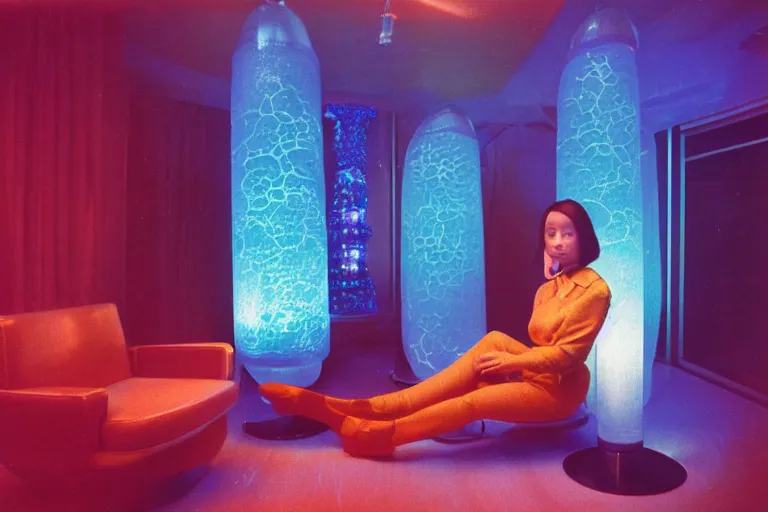 Image similar to portrait a woman wearing discowear sitting inside of an unlit lit 1970s luxury underwater chinese restaurant with a soviet computer console on the wall, a suspended fireplace, large windows, two lava lamps, an exterior of deep-sea bioluminescent species, ektachrome photograph, volumetric lighting, f8 aperture