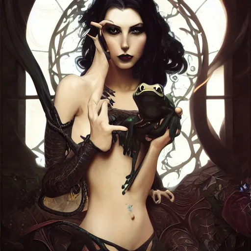 Image similar to attractive goth woman with a frog, intricate, highly detailed, digital painting, artstation, concept art, smooth, sharp focus, illustration, unreal engine 5, 8 k, art by artgerm and greg rutkowski and alphonse mucha