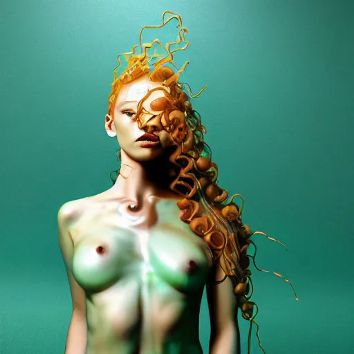 Prompt: Vass Roland cover art body art future bass girl unwrapped smooth dressed in curly long hair dripping wet body unfolds statue bust curls of hair petite lush full front and side view body model full frontal body curly jellyfish lips art contrast vibrant futuristic fabric skin jellyfish material metal veins style of Jonathan Zawada, Thisset colours simple background objective