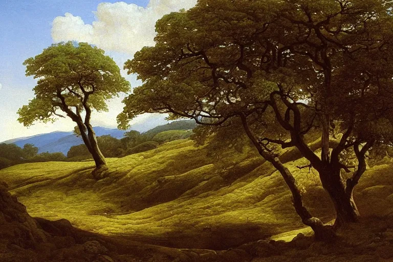 Prompt: masterpiece painting of oak trees on a hillside overlooking a creek, dramatic lighting, by william dyce