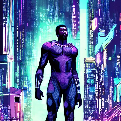 Prompt: high detailed kilmonger from black panther in a cyberpunk rainy city at night by eliran kantor, michael b jordan, hand drawn, illustration, purple and blue neons, unreal engine, high quality, 4 k, uhd, trending on artstation, wires, blade runner vibes, ghost in the shell, akira, dorohedoro