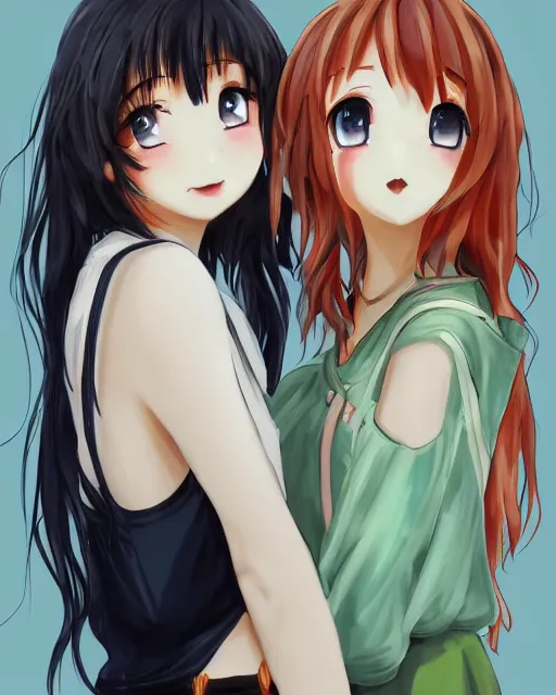 Image similar to portrait of two girls kissing, anime, trending on Artstation