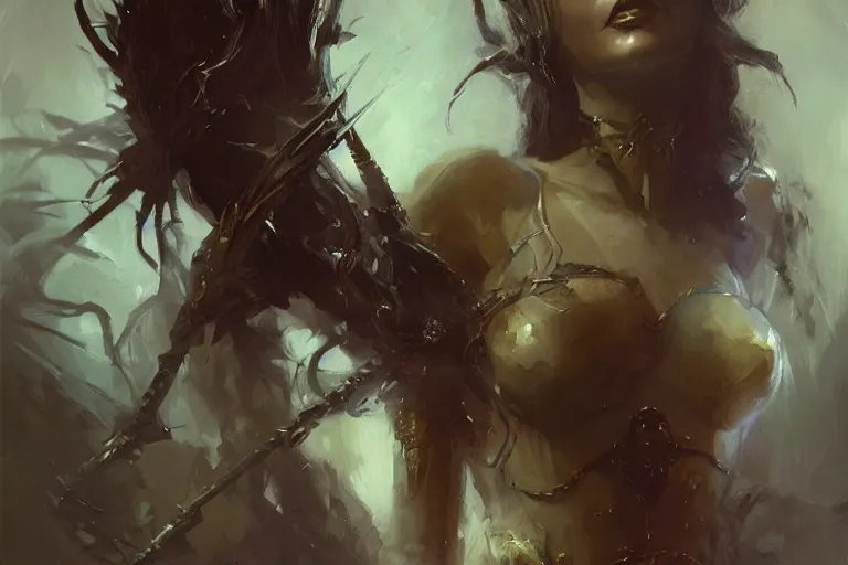 Prompt: A dark and mysterious painting of an elven queen by Craig Mullins, beautiful, hyperrealistic, professional, dramatic lighting, extremely high detail, trending on artstation